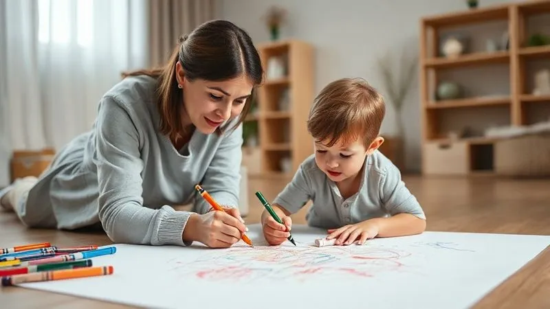 A photorealistic, professional photography, 8K, cinematic lighting, sharp focus, depth of field, shot on a high-end DSLR. A child drawing with colorful crayons on a large sheet of paper on the floor, supervised by a kind, empathetic therapist who is gently guiding them. The setting is a warm, inviting therapy room with soft lighting, emphasizing healing and support.