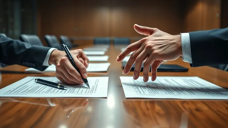 A photorealistic, professional photography, 8K, cinematic lighting, sharp focus, depth of field, shot on a high-end DSLR. A professional, modern conference room table with legal documents, pens, and two sets of hands (one in a suit, one slightly more casual) positioned as if in a negotiation. The atmosphere is serious and focused, with soft, directional lighting.