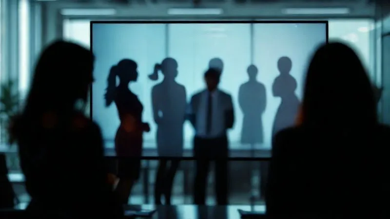 Photorealistic, professional photography, 8K, cinematic lighting, sharp focus, depth of field, shot on a high-end DSLR. An abstract representation of unconscious bias in a corporate hiring process. Silhouettes of diverse candidates are visible, but a subtle, glowing filter or lens distorts the view of female candidates on a digital screen, while male candidates appear clearer. The background is a modern, minimalist office setting with a blurred HR professional observing.