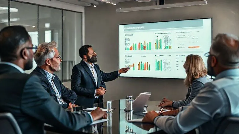Photorealistic, professional photography, 8K, cinematic lighting, sharp focus, depth of field, shot on a high-end DSLR. A diverse team of professionals (men and women of various ethnicities) in a modern, well-lit conference room, engaged in an open and honest discussion. One person is pointing to a data visualization on a large screen that shows balanced compensation structures, while others are actively listening and contributing. The atmosphere is collaborative and transparent.