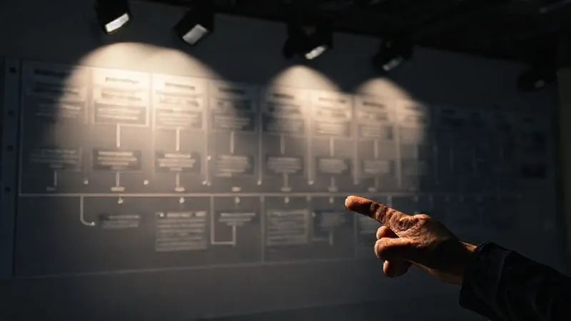 A complex flowchart or project timeline illuminated by strategic spotlights, showing interconnected steps for regulatory compliance, with a hand pointing to a 'go-live' phase. Photorealistic, professional photography, 8K, cinematic lighting, sharp focus, depth of field, shot on a high-end DSLR.