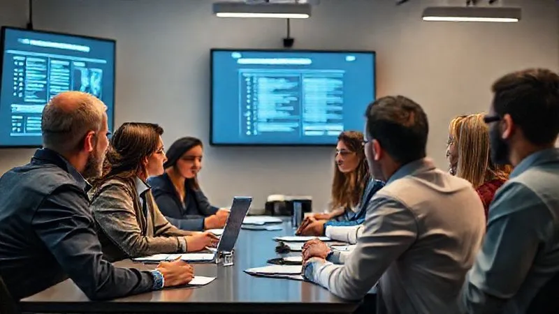A diverse group of professionals actively engaged in a modern training session, with digital screens displaying compliance guidelines and a mentor figure facilitating discussion. The atmosphere is collaborative and focused. Photorealistic, professional photography, 8K, cinematic lighting, sharp focus, depth of field, shot on a high-end DSLR.