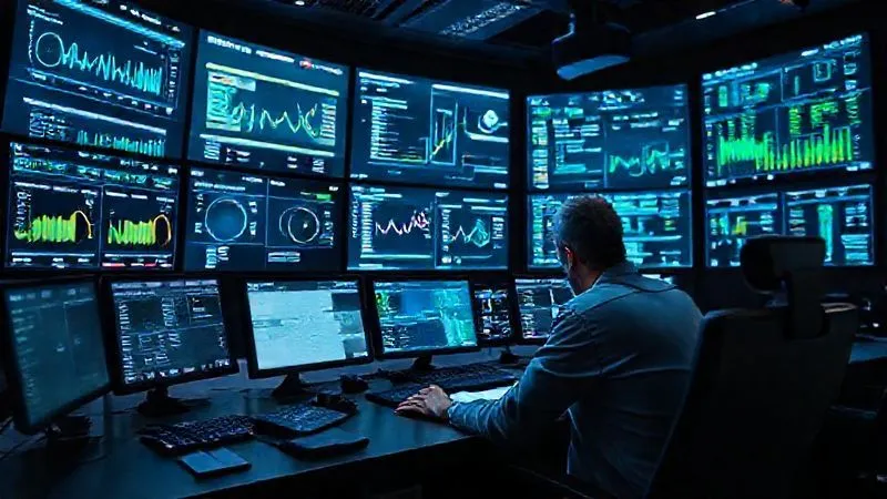 A sophisticated control room with multiple screens displaying real-time compliance metrics, risk indicators, and audit trails, with a focused professional analyzing data. Photorealistic, professional photography, 8K, cinematic lighting, sharp focus, depth of field, shot on a high-end DSLR.