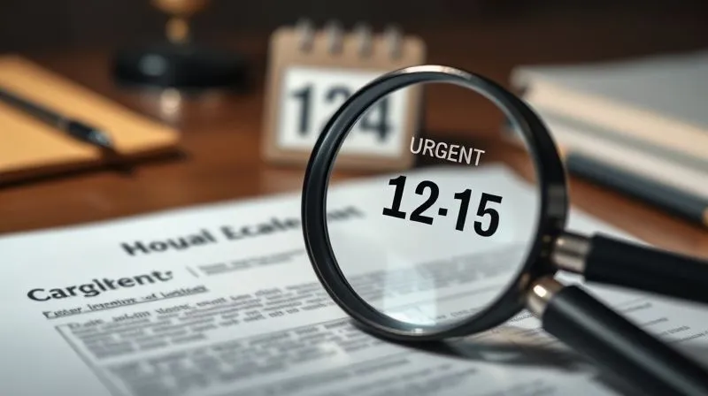 A photorealistic image of a magnifying glass over a legal document, with a calendar in the blurred background highlighting an urgent date, cinematic lighting, 8K, sharp focus, depth of field, shot on a high-end DSLR.