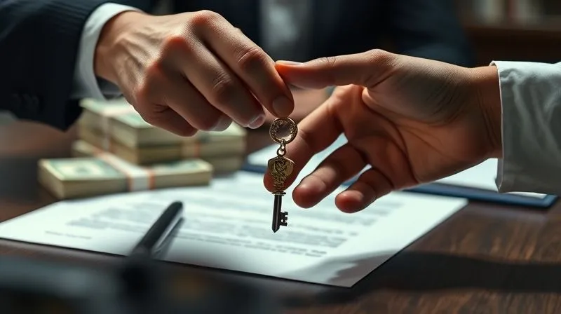 A photorealistic depiction of a hand passing a small, ornate key across a table to another hand, with a blurred contract and a stack of money in the background, symbolizing a transaction and trust, cinematic lighting, 8K, sharp focus, depth of field, shot on a high-end DSLR.