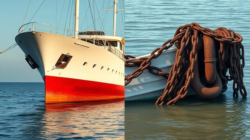 A photorealistic image showing two distinct halves of a ship's hull. One half is clean, well-maintained, and sailing smoothly on calm waters, representing a valid and unencumbered vessel. The other half is entangled in thick, rusty chains and barnacles, stuck in muddy waters, symbolizing an invalid or disputed lien. The division is sharp and clear, with cinematic lighting emphasizing the contrast, 8K hyper-detailed, professional photography, shot on a high-end DSLR.