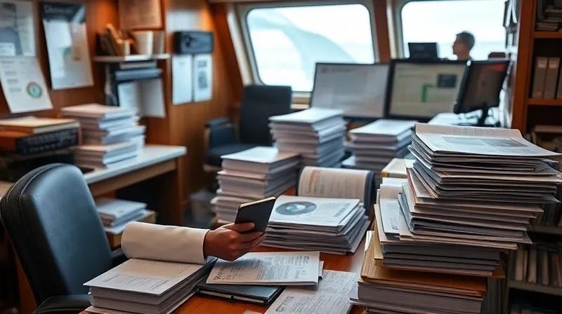 A photorealistic image of a ship's captain or chief engineer meticulously reviewing dense stacks of logbooks, manifests, and digital tablet displays in a well-lit, organized ship's office. The atmosphere is one of intense focus and investigation, with documents spread out but in order. Cinematic lighting, sharp focus on the records, depth of field blurring the background, 8K hyper-detailed, professional photography, shot on a high-end DSLR.