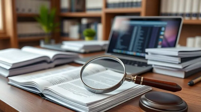 A photorealistic image of a legal professional's desk, meticulously organized with stacks of legal documents, open binders, and a laptop displaying a digital database. A magnifying glass rests on a key document, emphasizing detailed scrutiny. The scene conveys precision, thoroughness, and the weight of evidence. Cinematic lighting, sharp focus on the documents, depth of field blurring a background bookshelf, 8K hyper-detailed, professional photography, shot on a high-end DSLR.