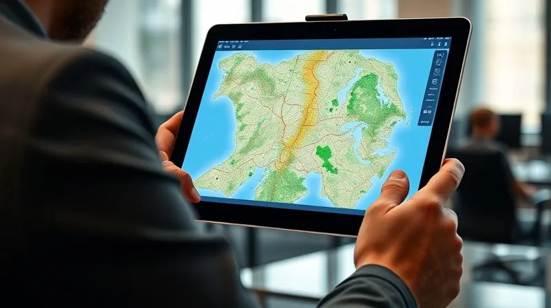 A photorealistic image of a professional using a tablet or laptop displaying a complex GIS map overlaid with ecological data (species habitats, migratory paths) and a proposed development footprint. The user is in a modern office, perhaps with a large monitor in the background showing 3D environmental modeling. Cinematic lighting, sharp focus on the tablet/laptop screen, depth of field blurring the background. 8K, professional photography, shot on a high-end DSLR.