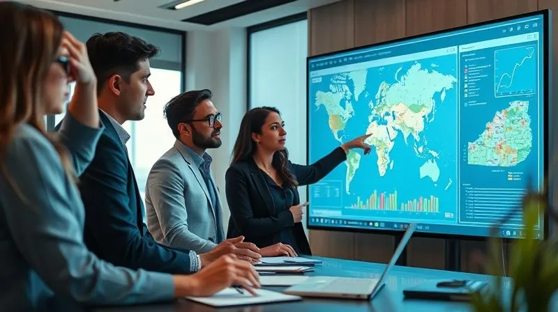 A photorealistic image of a diverse team of environmental experts and legal professionals in a collaborative meeting, reviewing digital maps and legal documents on a large interactive screen. One person is gesturing towards a specific data point. The room is modern and well-lit, conveying professionalism and strategic planning. Cinematic lighting, sharp focus on the team and screen, depth of field blurring the background. 8K, professional photography, shot on a high-end DSLR.