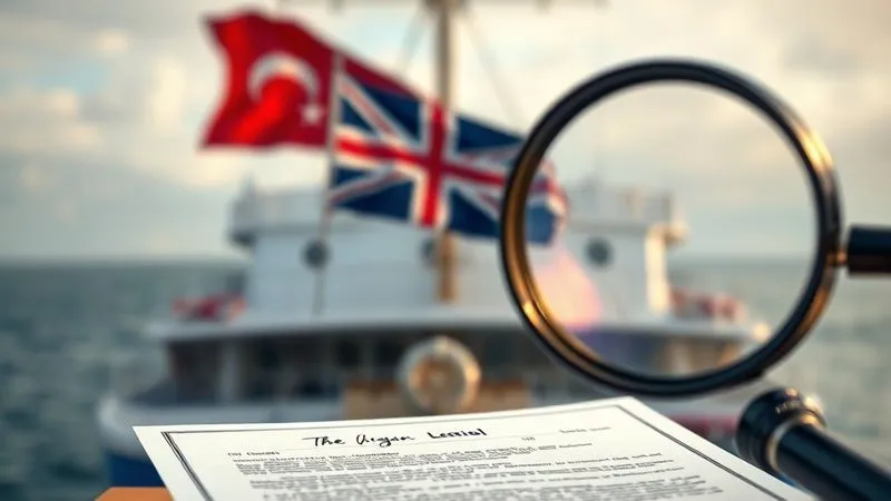 A photorealistic close-up of a ship's stern displaying a blurred flag, with a legal document featuring a signature and a magnifying glass in the foreground, professional photography, 8K, cinematic lighting, sharp focus on the document, depth of field blurring the background, shot on a high-end DSLR, conveying urgency and legal scrutiny.