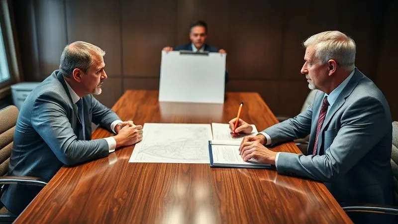 A photorealistic image of two maritime lawyers seated at a polished conference table, engaged in a serious discussion, with a neutral mediator observing. Nautical charts and legal documents are spread across the table. Professional photography, 8K, cinematic lighting, sharp focus on the faces, depth of field blurring the background, shot on a high-end DSLR, conveying intense negotiation and legal strategy.
