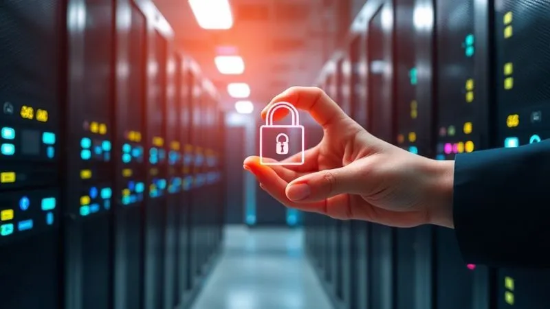 A photorealistic image of a secure, modern data center with glowing servers, representing robust digital record-keeping and data integrity. The foreground shows a hand placing a digital lock icon onto a server rack. Professional photography, 8K, cinematic lighting, sharp focus on the hand and server, depth of field blurring the background, shot on a high-end DSLR, conveying security and advanced data management.