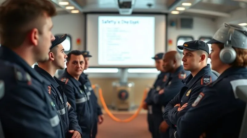 A photorealistic, professional photography, 8K, cinematic lighting image of a diverse group of maritime crew members in uniform, attentively participating in a safety and compliance training session on a ship's bridge, with a projector screen showing a checklist. Sharp focus on the crew's engaged faces, depth of field blurring the background, shot on a high-end DSLR.