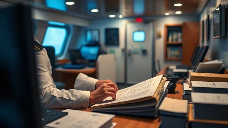 A photorealistic, professional photography, 8K, cinematic lighting image of a ship's chief officer meticulously organizing compliance documents and logbooks in a well-lit, tidy office on board a vessel. Sharp focus on the documents and the officer's hands, depth of field blurring the ship's interior, shot on a high-end DSLR.