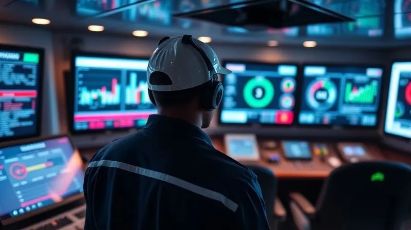 A photorealistic, professional photography, 8K, cinematic lighting image of a modern ship's control room, with a crew member looking at multiple large digital screens displaying real-time data dashboards for vessel compliance, maintenance schedules, and safety management. Sharp focus on the screens and the crew member, depth of field blurring the background, shot on a high-end DSLR.