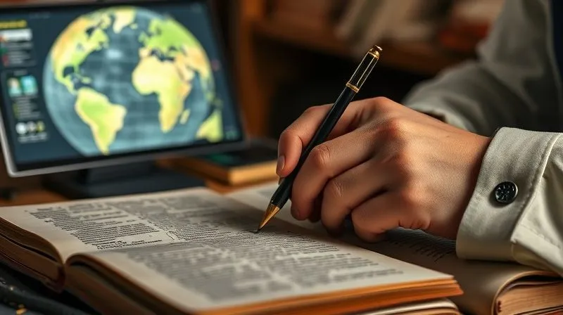 Photorealistic, professional photography, 8K, cinematic lighting, sharp focus, depth of field, shot on a high-end DSLR. A legal scholar's hands meticulously poring over ancient texts and modern digital screens, with magnifying glass and stylus, symbolizing the detailed process of interpreting complex legal documents. Light from a glowing global projection illuminates the workspace, suggesting international context. Emotionally resonant with intellectual rigor.