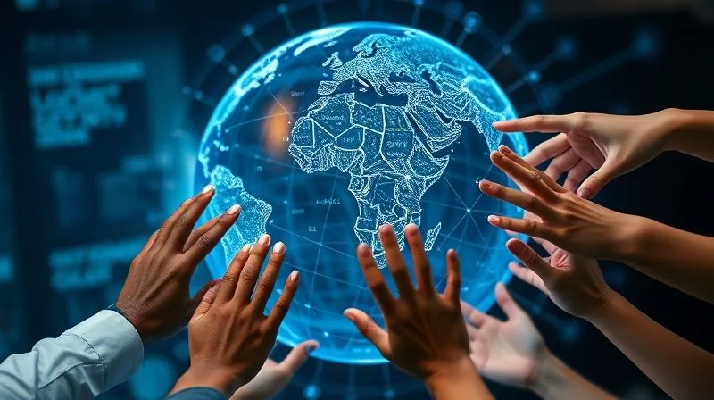 Photorealistic, professional photography, 8K, cinematic lighting, sharp focus, depth of field, shot on a high-end DSLR. A holographic globe projecting intricate legal codes and interconnected data streams, with diverse hands (representing different nations/stakeholders) reaching towards it in collaboration. The scene is futuristic and hopeful, emphasizing global legal cooperation and digital solutions.