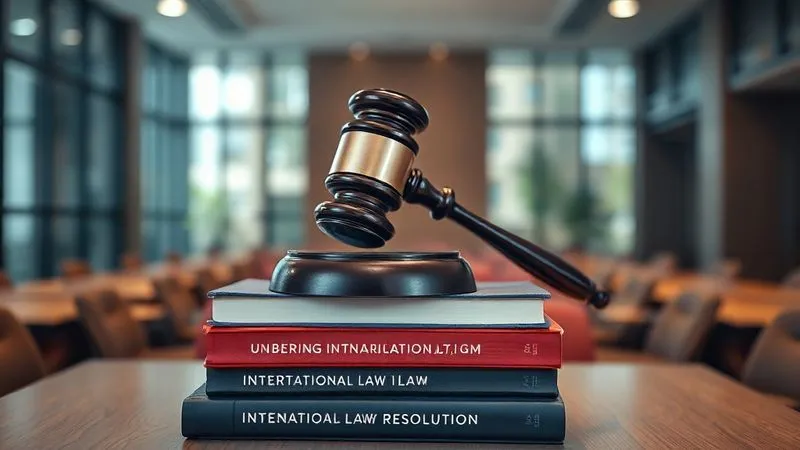 A photorealistic image of a gavel on a stack of international law books, with a blurred background of a modern arbitration courtroom, emphasizing fairness and resolution. Professional photography, 8K, cinematic lighting, sharp focus on the gavel and books, depth of field blurring the background, shot on a high-end DSLR, emotionally resonant with justice and clarity.
