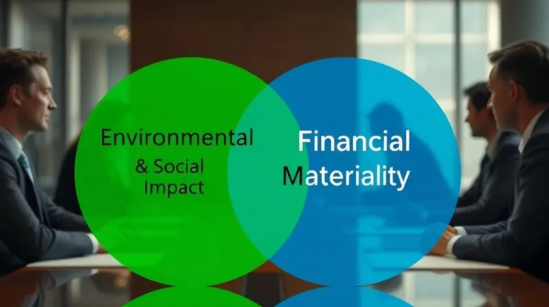 A photorealistic, professional photography, 8K, cinematic lighting, sharp focus, depth of field, shot on a high-end DSLR, showing two overlapping Venn diagrams. One diagram is green, representing 'Environmental & Social Impact,' and the other is blue, representing 'Financial Impact.' Their clear, brightly lit intersection is labeled 'Double Materiality.' The background subtly features corporate decision-makers in a strategic meeting, emphasizing the assessment's role in business strategy.