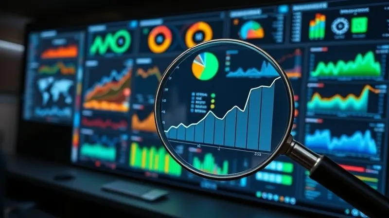 A photorealistic, professional photography, 8K, cinematic lighting, sharp focus, depth of field, shot on a high-end DSLR, showing a complex digital dashboard. The dashboard displays various real-time ESG metrics, regulatory updates, and predictive analytics for future trends, with an overlay of a magnifying glass highlighting an upward-trending graph. The setting is a sleek, modern data control room, conveying advanced monitoring and strategic foresight.