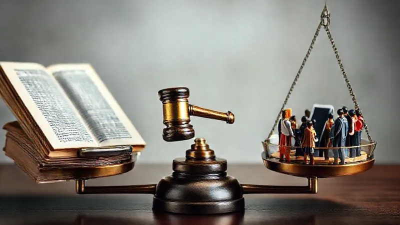 A photorealistic, detailed image of a balanced scale, with one side holding ancient legal texts and the other side holding modern symbols of society (a smartphone, a diverse group of miniature figures). A judge's gavel rests precisely in the middle, symbolizing judicial impartiality and the delicate act of balancing. Cinematic lighting, 8K, sharp focus, depth of field.