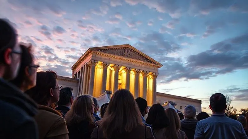 A photorealistic image of a diverse group of people from different generations and backgrounds looking up at a grand, illuminated courthouse, symbolizing the ongoing public engagement with constitutional law. The sky above shows both dawn and dusk, representing continuity and change. Cinematic lighting, 8K, sharp focus, depth of field.