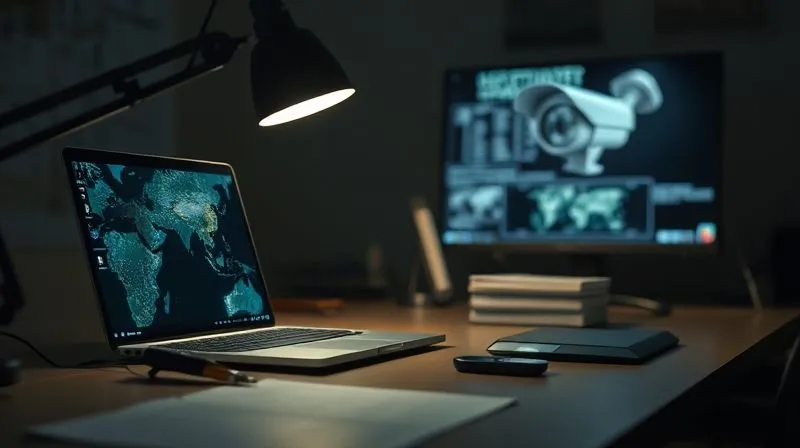 A photorealistic image of a detective's desk at night, illuminated by a single lamp, showing a laptop displaying satellite imagery, a magnifying glass, and blurred security camera footage on a monitor in the background, 8K hyper-detailed, cinematic lighting, sharp focus on the desk, depth of field blurring the background, shot on a high-end DSLR.