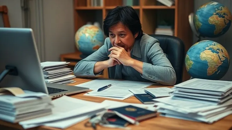 photorealistic, professional photography, 8K, cinematic lighting, sharp focus, depth of field, shot on a high-end DSLR, a distraught but determined parent sitting at a desk, surrounded by stacks of legal documents, passports, and a laptop displaying flight information, hands clasped, symbolizing the immediate need to gather evidence after a child abduction to a non-Hague country, with a globe subtly visible in the background, conveying urgency and meticulous preparation.