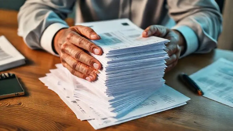 A photorealistic, professional photography, 8K, cinematic lighting, sharp focus, depth of field, shot on a high-end DSLR, depicting a person's hands meticulously organizing a stack of invoices, receipts, and contract documents on a wooden desk, with a focused expression, emphasizing the importance of detailed record-keeping.