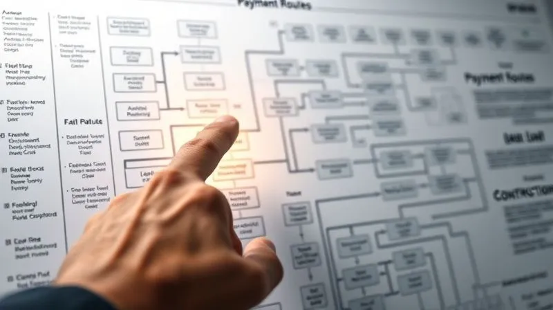 Photorealistic close-up of a hand pointing at a complex flowchart showing payment routes in a construction project, with one path clearly highlighted, professional photography, 8K, cinematic lighting, sharp focus, depth of field.