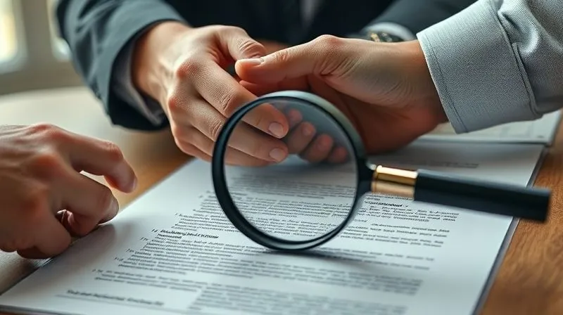 Photorealistic image of two hands shaking over a meticulously drafted construction contract, with a magnifying glass hovering over fine print, symbolizing careful negotiation and due diligence, professional photography, 8K, cinematic lighting, sharp focus, depth of field.