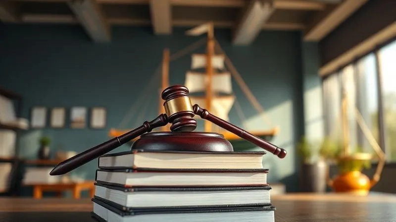 A photorealistic image of a gavel resting on a stack of legal books in a modern, sunlit law office, with a subtle ship model in the background. Professional photography, 8K, cinematic lighting, sharp focus on the gavel and books, depth of field blurring the background, shot on a high-end DSLR, symbolizing legal authority and resolution.