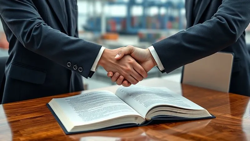 A photorealistic image of two maritime lawyers shaking hands over a large, open legal book on a polished wooden table, with a blurred backdrop of a busy port. Professional photography, 8K, cinematic lighting, sharp focus on the handshake and book, depth of field blurring the background, shot on a high-end DSLR, conveying collaboration and expert legal resolution.