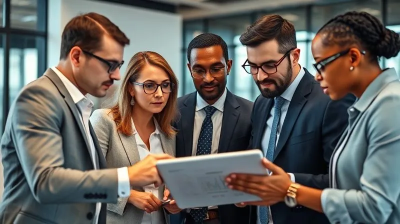 A photorealistic image of a diverse group of highly professional tax experts (attorney, CPA) in a modern office setting, deep in discussion, looking at a tablet with complex tax data. One expert is pointing to a specific detail, conveying guidance and collaboration. Professional photography, 8K, cinematic lighting, sharp focus on the individuals, depth of field blurring the background, shot on a high-end DSLR.