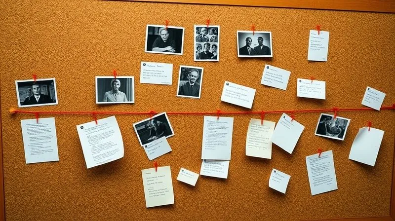 A photorealistic image of a detailed timeline tacked to a corkboard, with various photos, printed emails, and small notes connected by red strings, illustrating a chronological sequence of events. The board is neatly organized but conveys a sense of urgency and evidence gathering. Professional photography, 8K, cinematic lighting, sharp focus, depth of field, shot on a high-end DSLR.