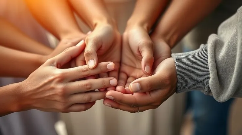A photorealistic image of diverse hands gently holding a smaller, cupped hand, symbolizing community support and protection. The background is softly blurred with warm, comforting light. Professional photography, 8K, cinematic lighting, sharp focus on the hands, depth of field, shot on a high-end DSLR, emotionally resonant with comfort and solidarity.