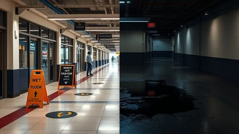 A photorealistic split image showing two halves of a commercial walkway. On one side, the walkway is well-lit, clean, and free of obstacles, with a 'Wet Floor' sign prominently displayed near a small, contained puddle. On the other side, the same walkway is dimly lit, with a large, dark, unaddressed liquid spill, debris scattered, and no warning signs, implying neglect and hazard. Professional photography, 8K, cinematic lighting, sharp focus, depth of field, shot on a high-end DSLR.