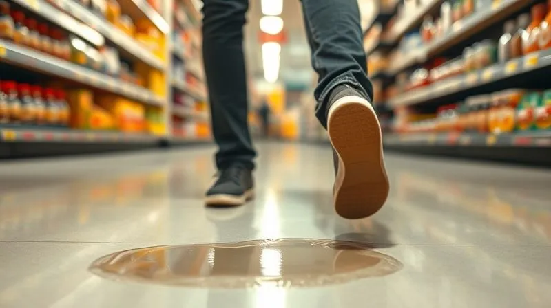 A photorealistic image of a person walking cautiously down a grocery store aisle, their gaze slightly directed towards products on shelves, but their feet are about to step into a nearly invisible, clear liquid spill on a light-colored floor. The lighting in the aisle is slightly dim, creating subtle shadows. Professional photography, 8K, cinematic lighting, sharp focus on the person's feet and the spill, depth of field blurring the background, shot on a high-end DSLR.