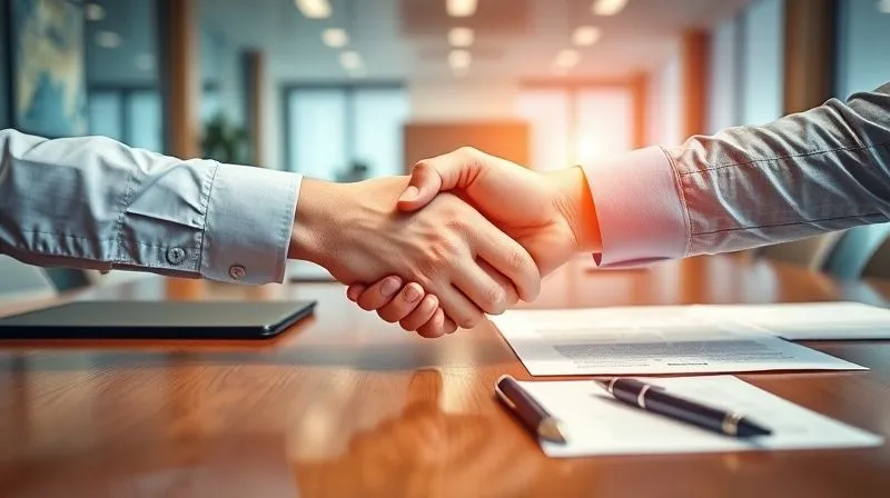 A photorealistic, professional photograph of two hands firmly shaking across a polished conference table, with legal documents and a pen subtly visible in the foreground, indicating a successful negotiation or agreement. The lighting is balanced and professional, highlighting the handshake. 8K hyper-detailed, sharp focus on the hands, depth of field blurring a modern office background, shot on a high-end DSLR.