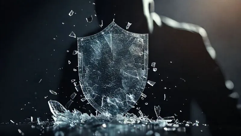 Photorealistic, professional photography, 8K, cinematic lighting, sharp focus, depth of field, shot on a high-end DSLR. A fragile, translucent corporate shield shattering into pieces, with a dark, ominous shadow of personal liability looming behind it. The scene evokes a sense of vulnerability and impending collapse.