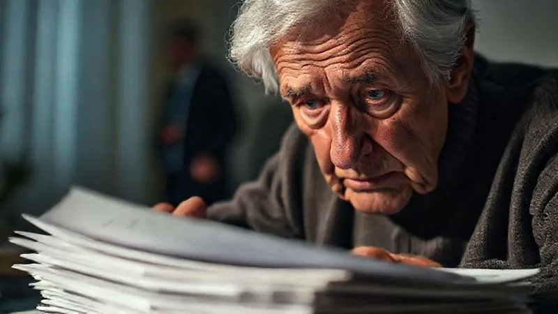 photorealistic, professional photography, 8K, cinematic lighting, sharp focus, depth of field, shot on a high-end DSLR, a distressed elderly person looking over a stack of confusing financial documents, their face etched with worry and betrayal, a blurred figure in the background subtly observing, casting a long shadow, symbolizing the hidden nature of financial abuse, emotionally resonant, somber lighting.