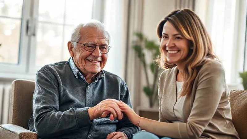 photorealistic, professional photography, 8K, cinematic lighting, sharp focus, depth of field, shot on a high-end DSLR, an elderly person with a look of genuine relief and peace, sitting comfortably in a well-maintained, bright room, gently holding the hand of a kind, professional-looking individual who is smiling reassuringly, sunlight streaming through a window, symbolizing trust restored and a secure future, soft, warm lighting.