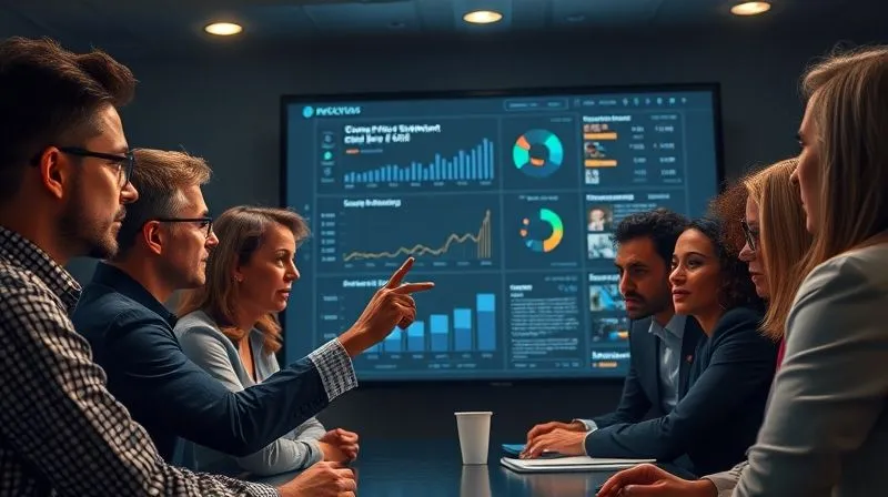 A photorealistic image of a diverse crisis management team, intensely focused around a large screen displaying real-time social media sentiment graphs and news feeds. The room is dimly lit, with strategic spotlights on their faces, conveying urgency and serious deliberation. One person points to a data point, illustrating a critical decision-making moment. 8K hyper-detailed, professional photography, shot on a high-end DSLR.
