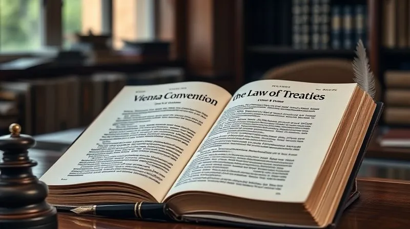 A photorealistic, professional photograph of a large, open legal book titled 'Vienna Convention on the Law of Treaties', with a section highlighted on a desk next to a classic quill pen and inkwell. The scene is bathed in soft, warm cinematic lighting, suggesting a deep study of foundational legal texts. 8K, sharp focus on the book, depth of field blurring a scholarly background, shot on a high-end DSLR, conveying authority and historical significance.