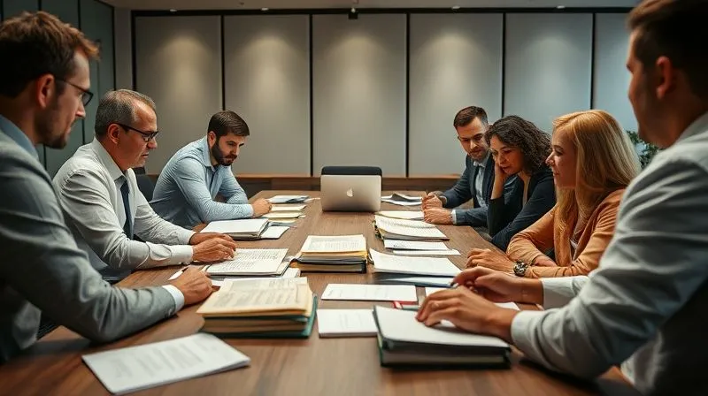 A photorealistic, professional photograph of a diverse group of international legal experts collaborating around a large table, surrounded by stacks of documents and open laptops. They are engaged in intense discussion, pointing at treaty texts and legal commentaries. The setting is a modern, well-lit conference room, conveying intellectual rigor and teamwork. 8K, cinematic lighting, sharp focus on the group, depth of field blurring the background, shot on a high-end DSLR, conveying collaborative problem-solving.