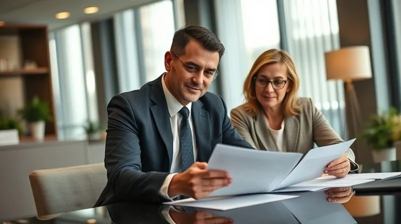 A photorealistic image of a professional real estate attorney, dressed in a sharp suit, consulting with a couple in a modern, well-appointed office. They are looking at documents spread on a table, with serious but hopeful expressions. The lighting is soft and professional, highlighting their faces. Sharp focus on the attorney and clients, depth of field blurring the office background. 8K, cinematic lighting, professional photography, shot on a high-end DSLR.