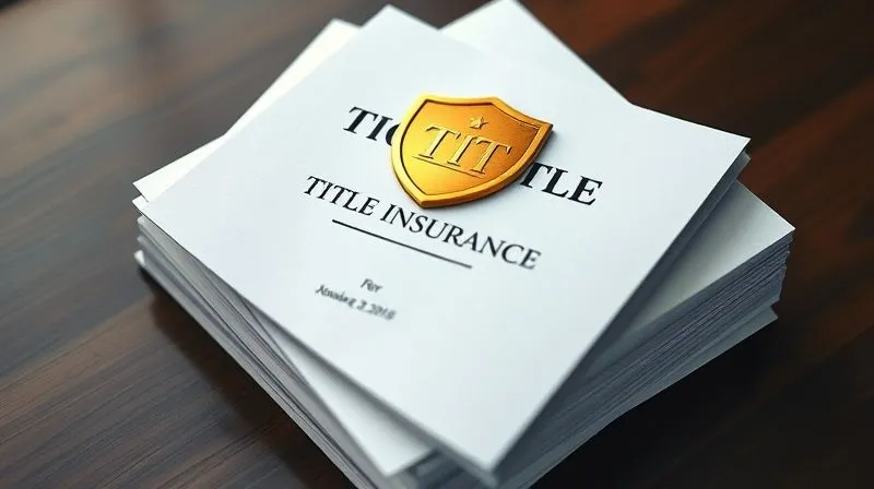 photorealistic, professional photography, 8K, cinematic lighting, sharp focus, depth of field, shot on a high-end DSLR, a stack of crisp, official-looking title insurance policies, with a golden shield emblem prominently displayed on the top policy, symbolizing protection and security in real estate transactions.