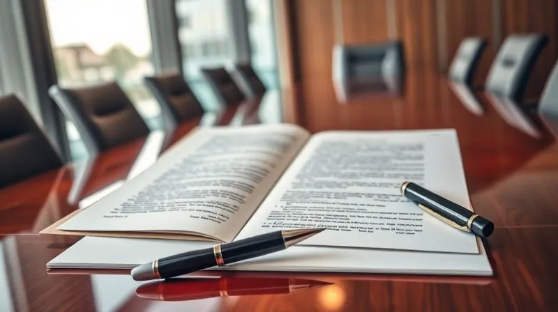 A photorealistic, professional photography image of a finely bound legal document, possibly a Shareholder Agreement or Articles of Association, open on a polished boardroom table. The document has intricate text and signatures, with a pen resting beside it. Cinematic lighting highlights the texture of the paper, sharp focus on the document, depth of field blurring the background of a modern office. Shot on a high-end DSLR, 8K hyper-detailed.