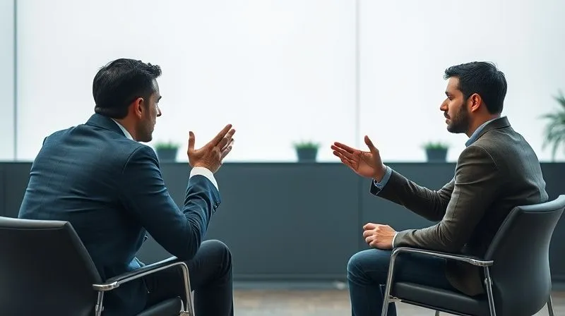 A photorealistic, professional photography image of three people in a modern, well-lit meeting room. Two individuals are seated opposite each other, looking intently at a third person who is gesturing calmly and professionally, mediating a discussion. The atmosphere is tense but controlled. Cinematic lighting, sharp focus on the faces and gestures, depth of field subtly blurring the background. Shot on a high-end DSLR, 8K hyper-detailed.